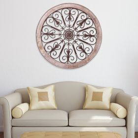 Round Intricate Metal Scrollwork Wall Decor with Wooden Frame; Cream and Brown