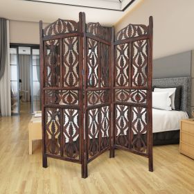 Decorative 3 Panel Mango Wood Screen with Abstract Carvings; Brown