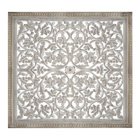 Square Shape Wooden Wall Panel with Cutout Sprig Pattern; Distressed White