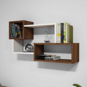 36 Inch Modern Geometric Wood Floating Wall Shelf with 3 Open Compartments; Walnut Brown and White; DunaWest