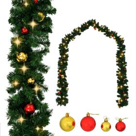 Christmas Garland with Baubles and LED Lights Green 32.8' PVC