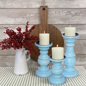 Wooden Candleholder with Turned Pedestal Base; Set of 3; Distressed Blue; DunaWest