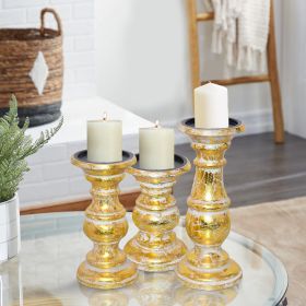 Wooden Candleholder with Turned Pedestal Base; Set of 3; Distressed Gold; DunaWest