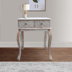 2 Drawer Mango Wood Console Table with Floral Carved Front; Brown and White; DunaWest