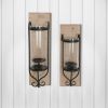 DunaWest 21 Inch Industrial Wall Mount Wood Candle Holder With Glass Hurrican, Set of 2, Black